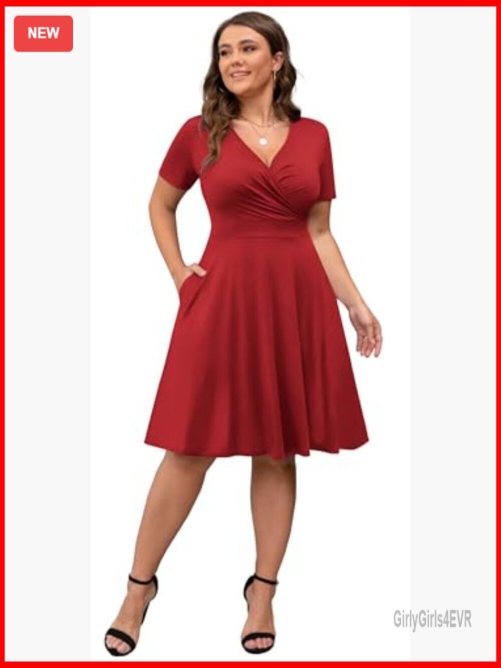 Plus Size Short Sleeve Wrap V-Neck Midi Dress with Pockets - Picture 5 of 7